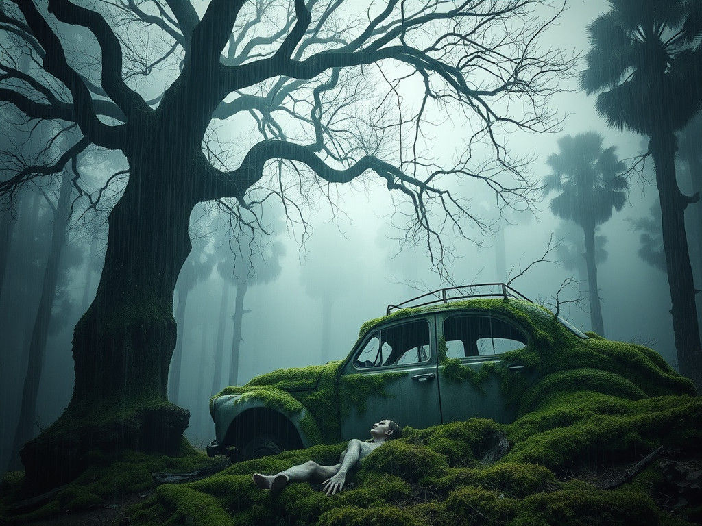 Eerie Forest: Gnarled Tree and Moss-Covered Car