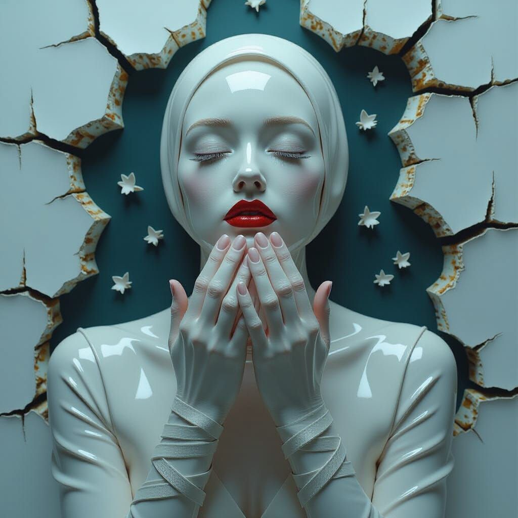 Surreal Kintsugi Figure Bound in Ethereal Ribbons