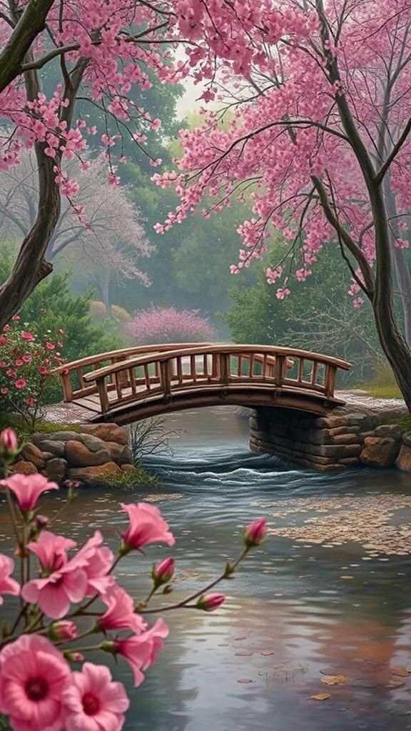 Misty Raspberry Backwater with Wooden Bridge