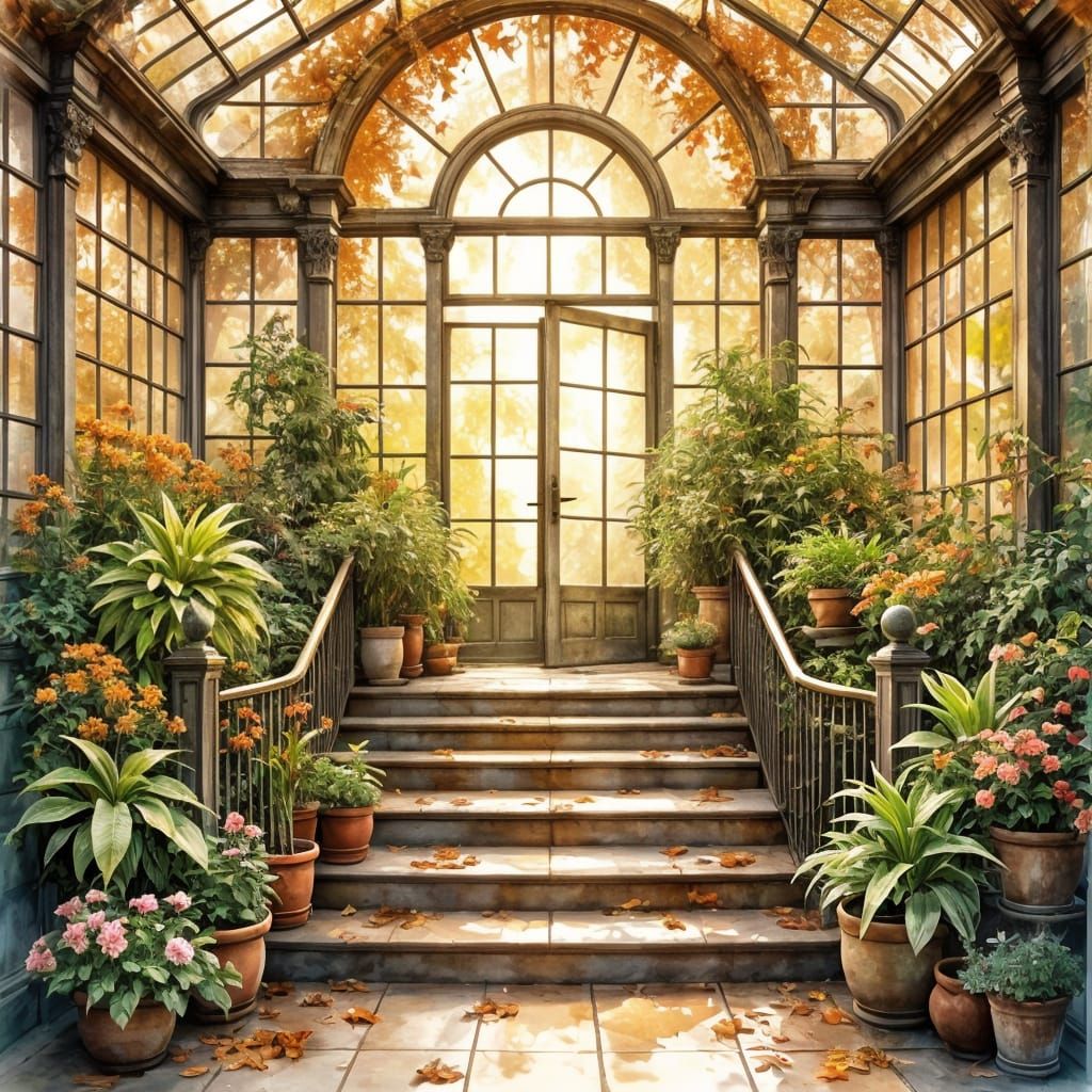 Surreal Solarium Scene in Whimsical Watercolor Style