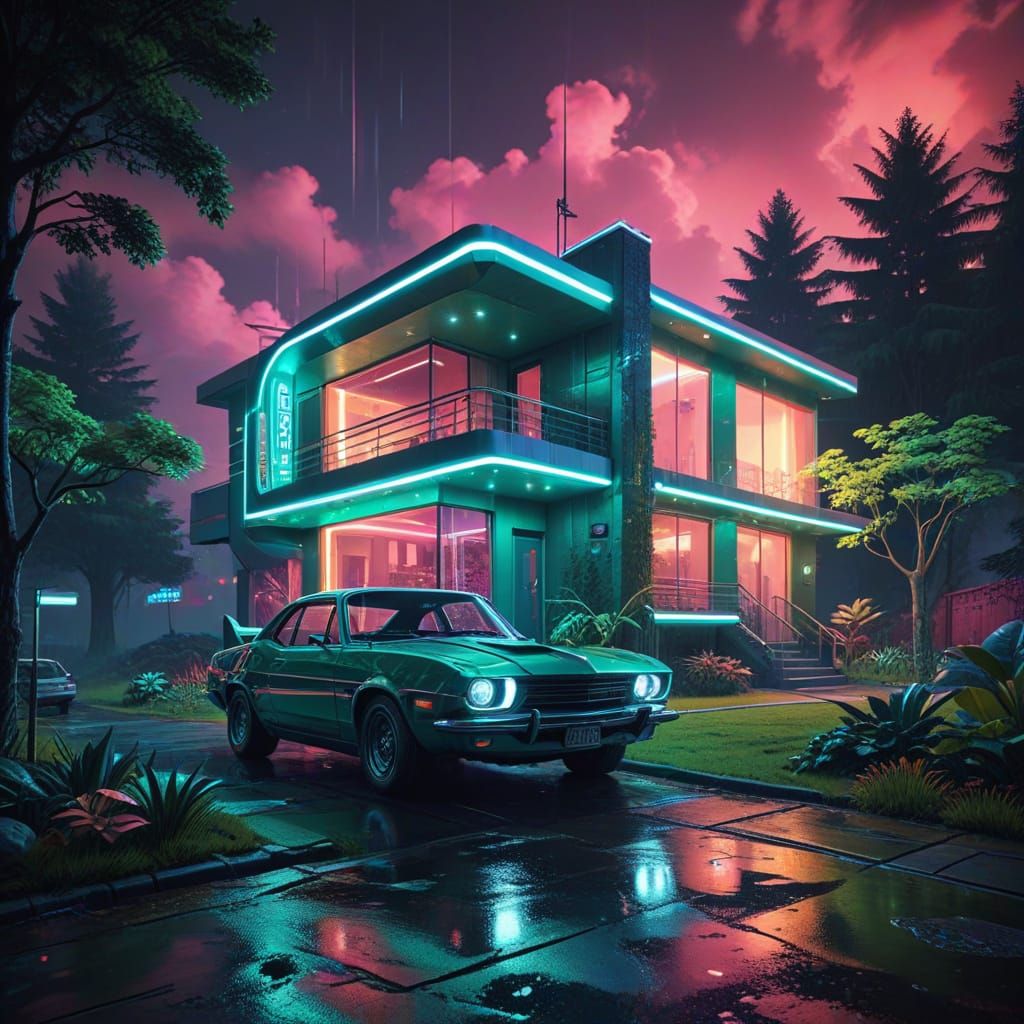 Whimsical Neofuturistic Country House Scene in Vibrant Paste...