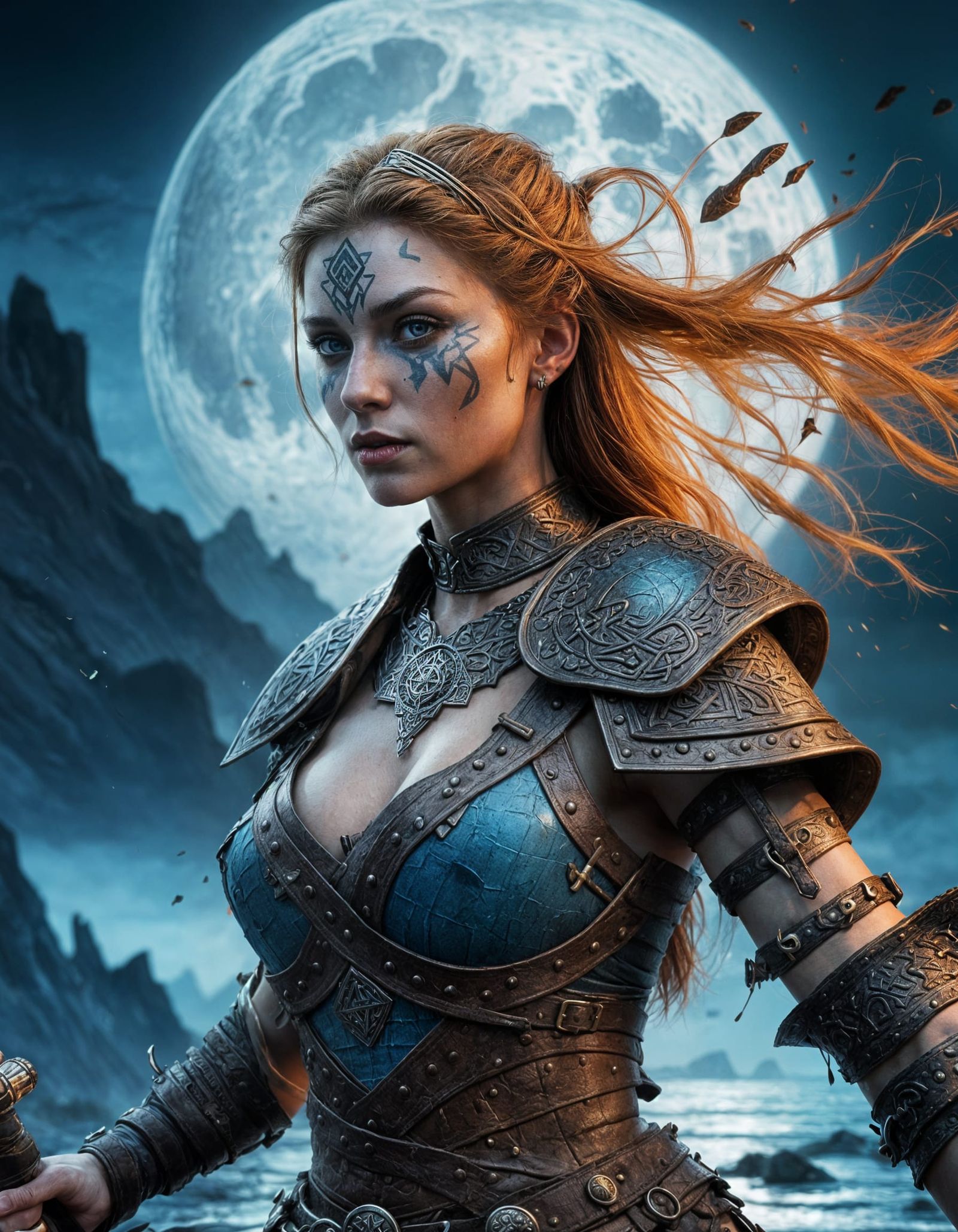 Viking Warrior Woman with Runes and Bloodied Sword