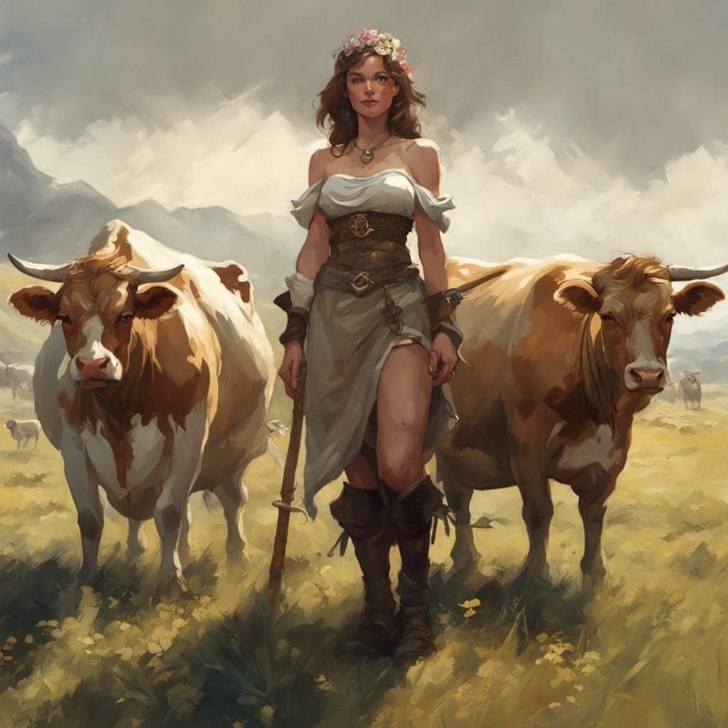 Medieval Farm Girl with Cows in Romantic Art