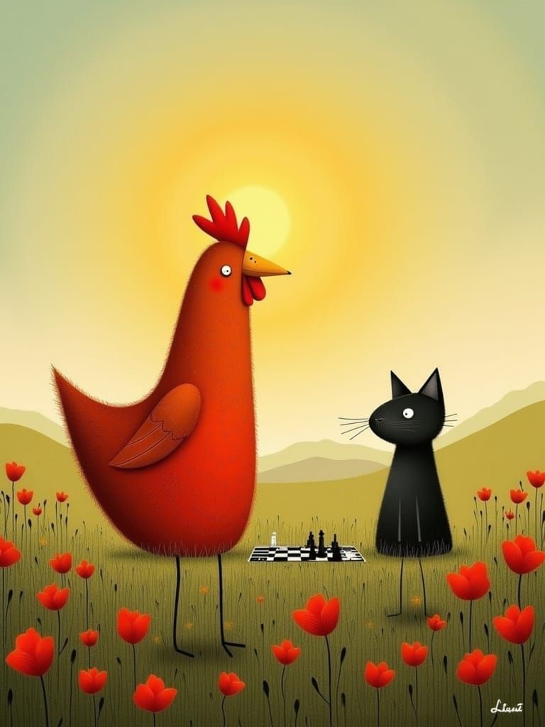 Quirky Chicken and Tabby Play Chess in Poppies