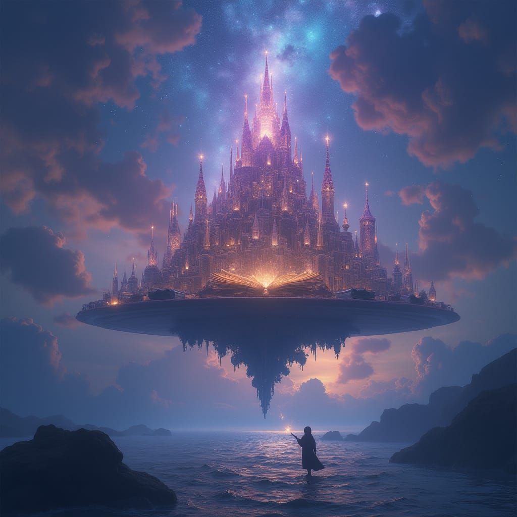 Celestial Library at Twilight: Hyperreal Fantasy