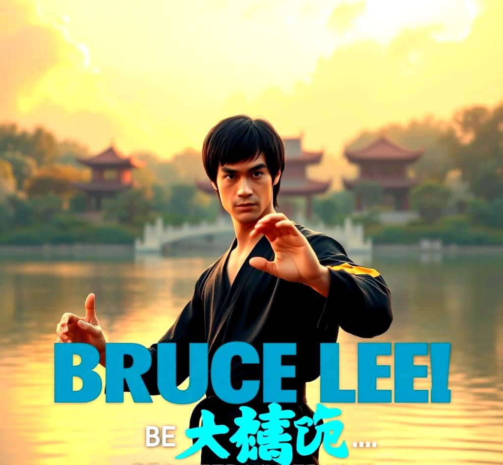 Bruce Lee in Serene Martial Arts Pose, Surrounded by Nature