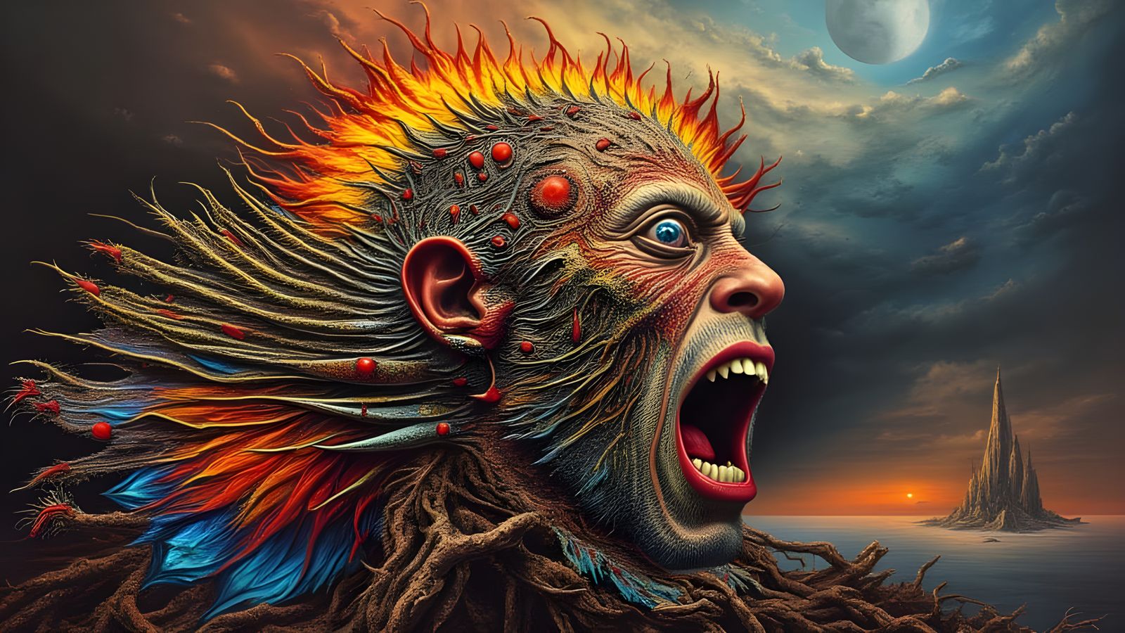 Muscular Man-Peacock Hybrid with Fiery Eyes in Dreamscape