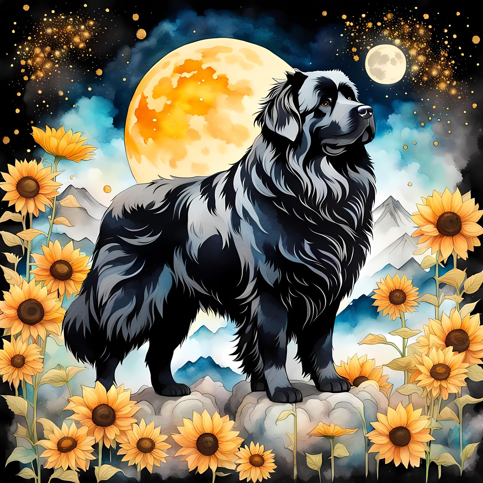 Newfoundland Dog & Sunflowers.