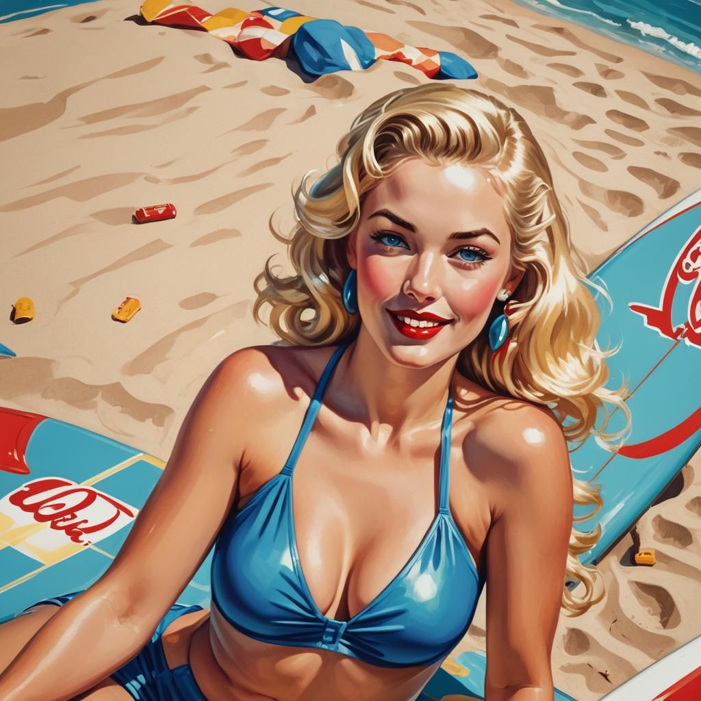 Retro Pin-Up Girl on Surfboard in Pop Art Style