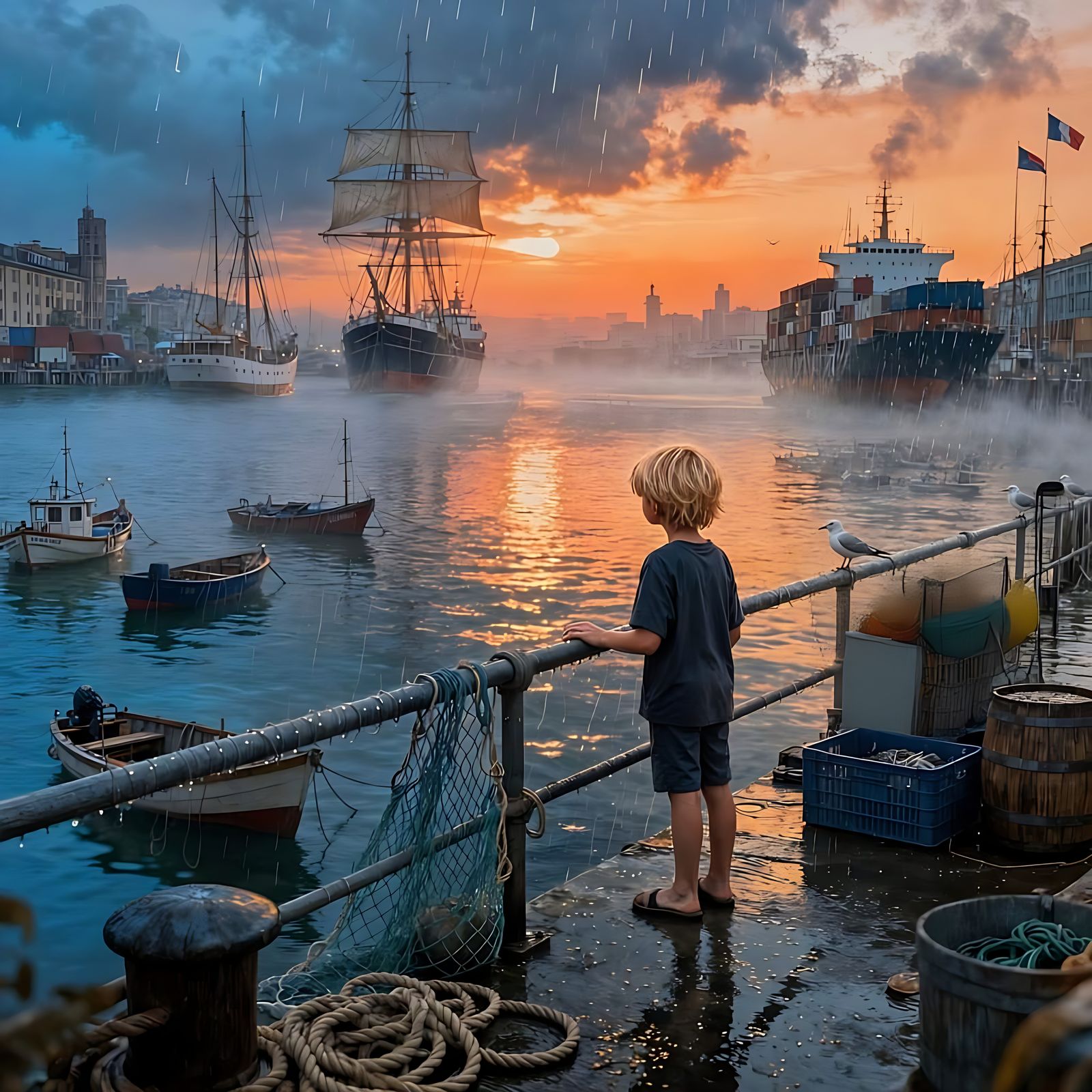 Child Gazes at Sailboats on Misty Harbor Pier at Sunset