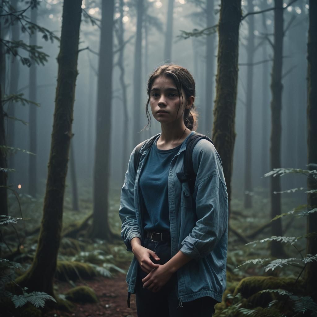 Mystical Forest Scene with Blue Markings