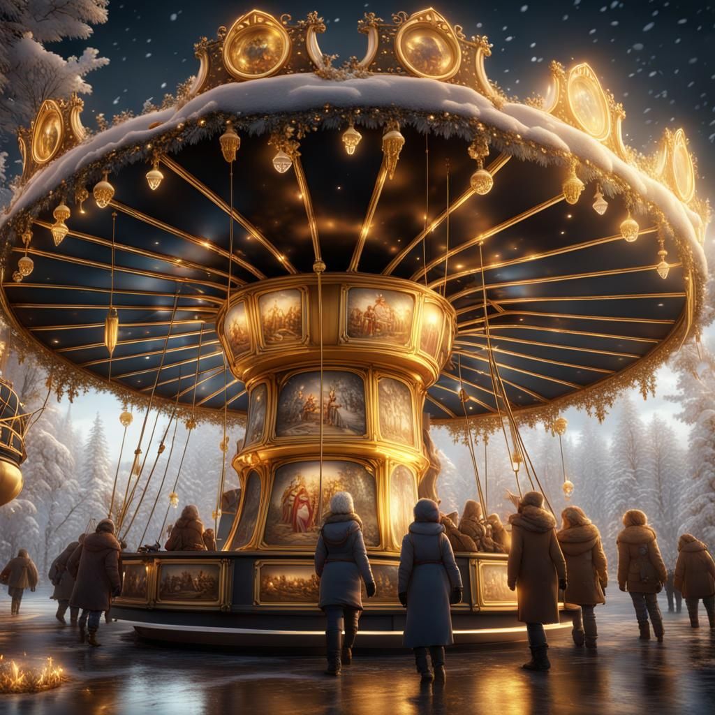 Detailed Christmas Carousel in Winter Landscape