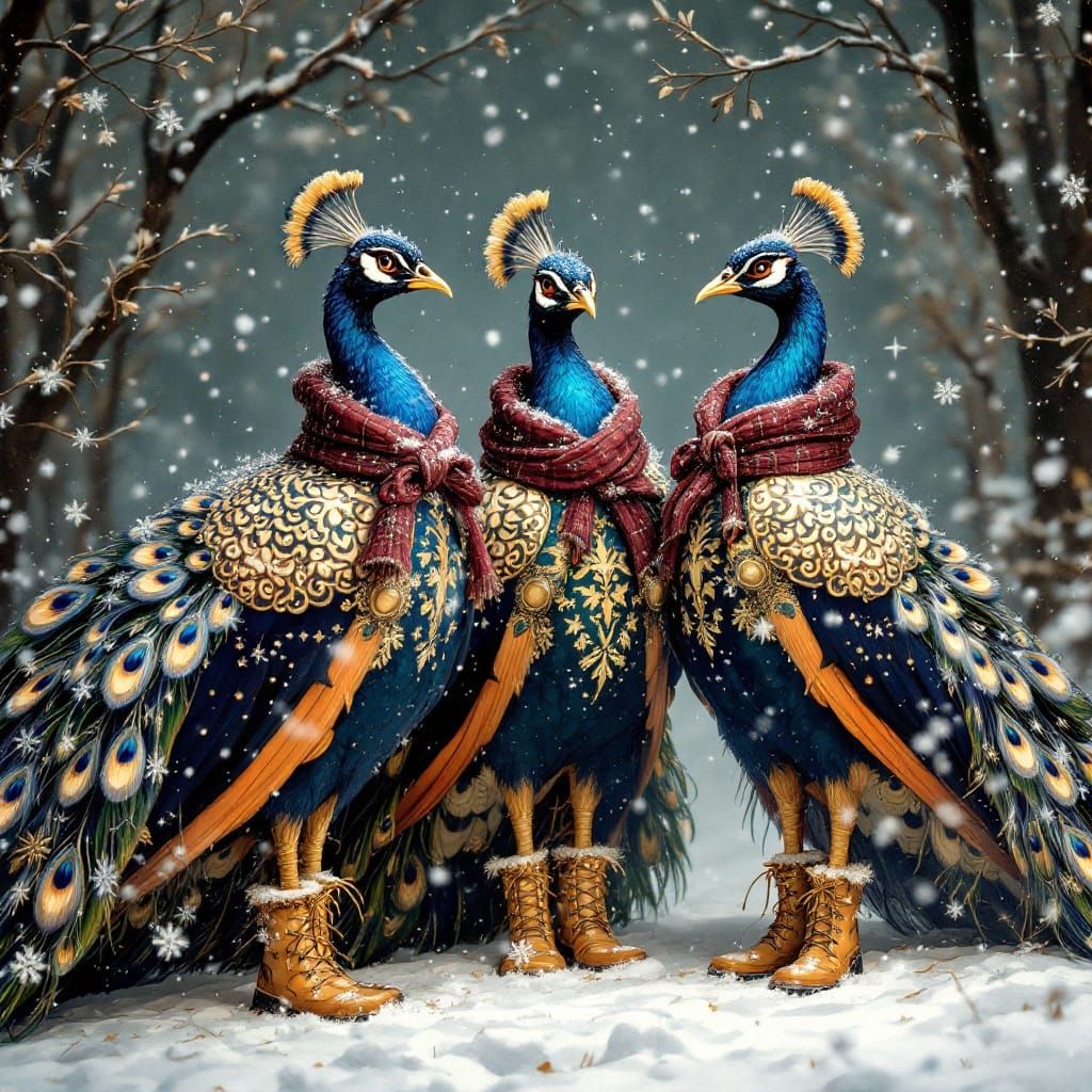 Regal Peacocks in Classical Realism Winter Wonderland