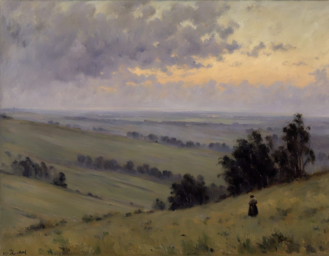 Twilight Shepherd in Levitan-Style Landscape Painting