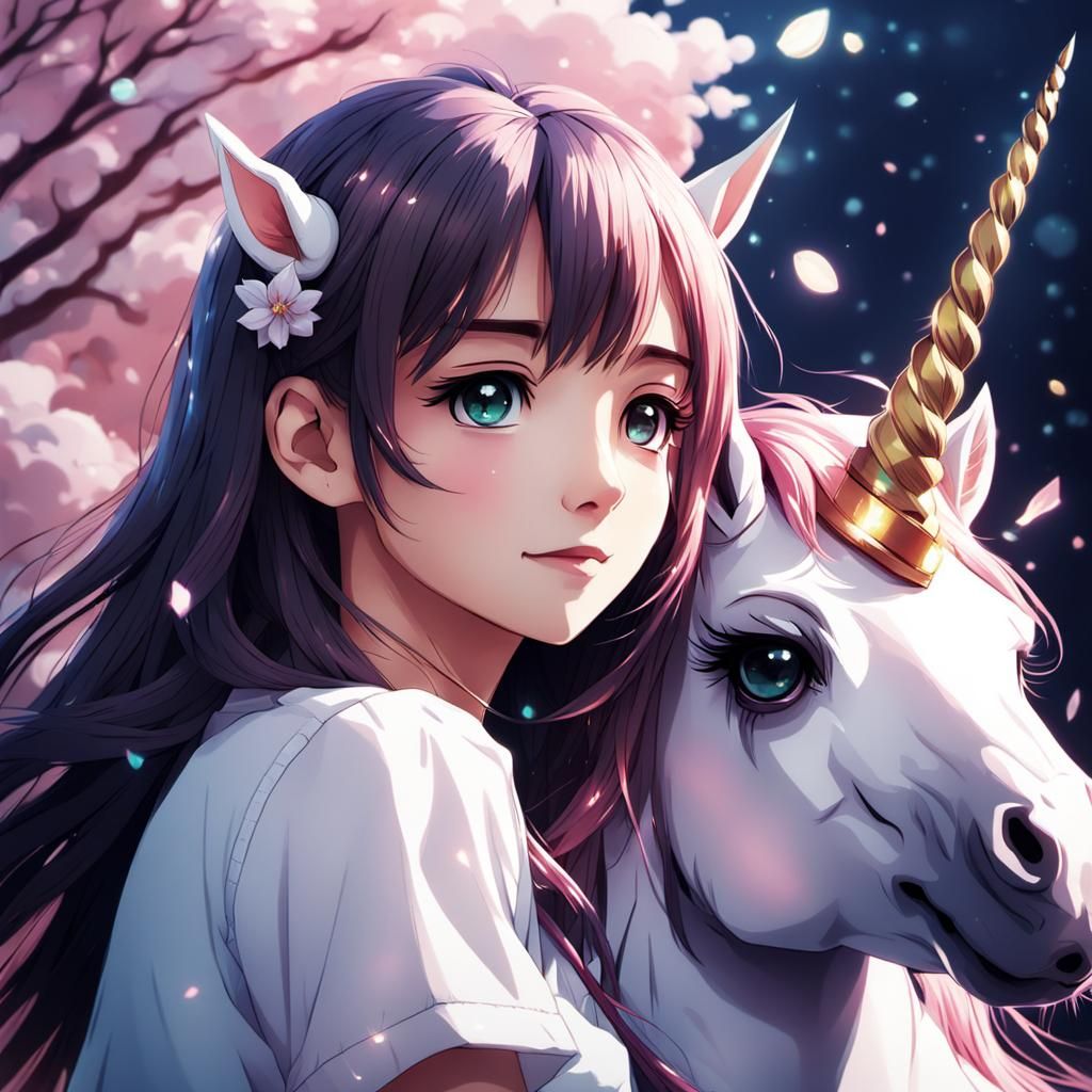 Girl and Unicorn Friendship in Anime Style