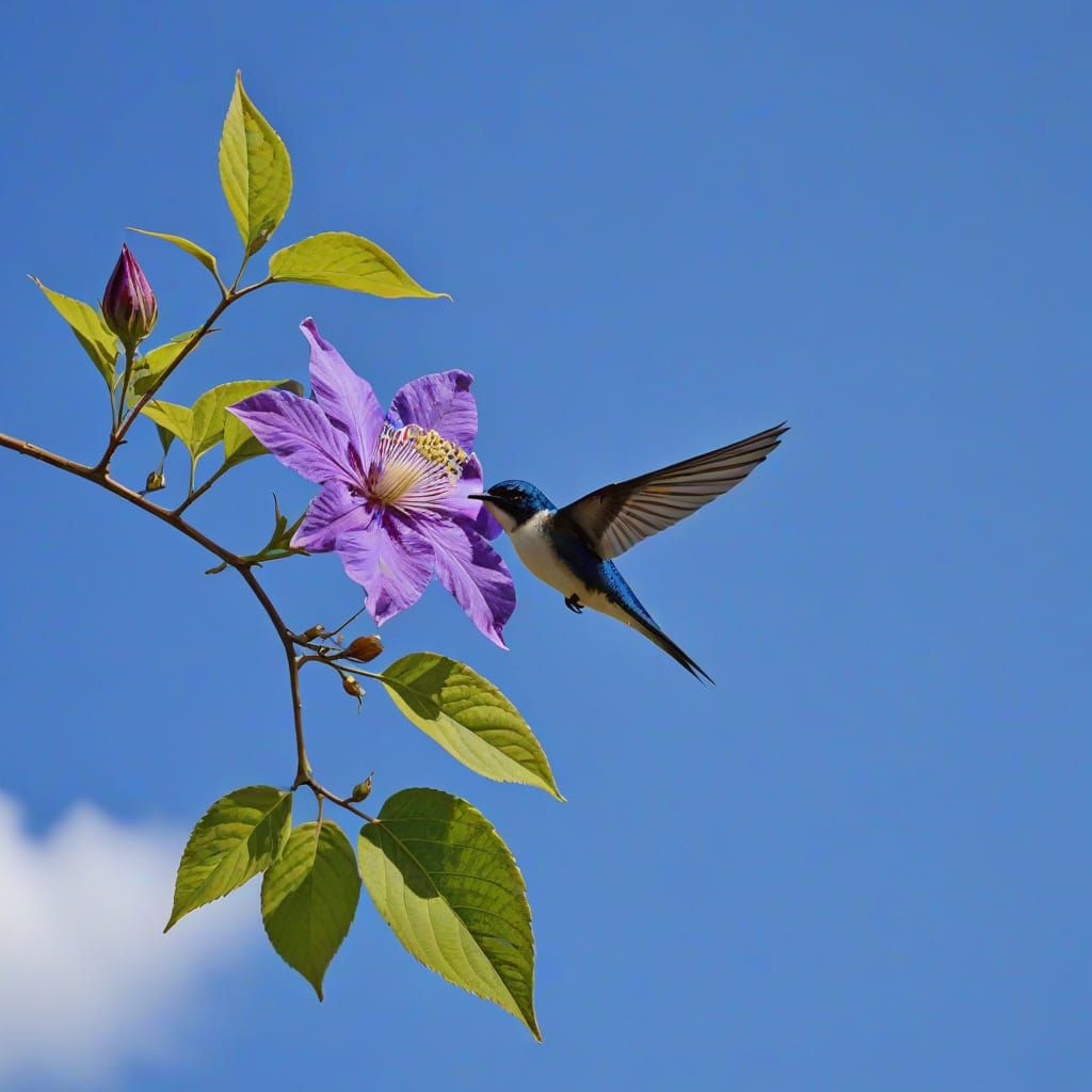 Swallow and Clematis Against Blue Sky