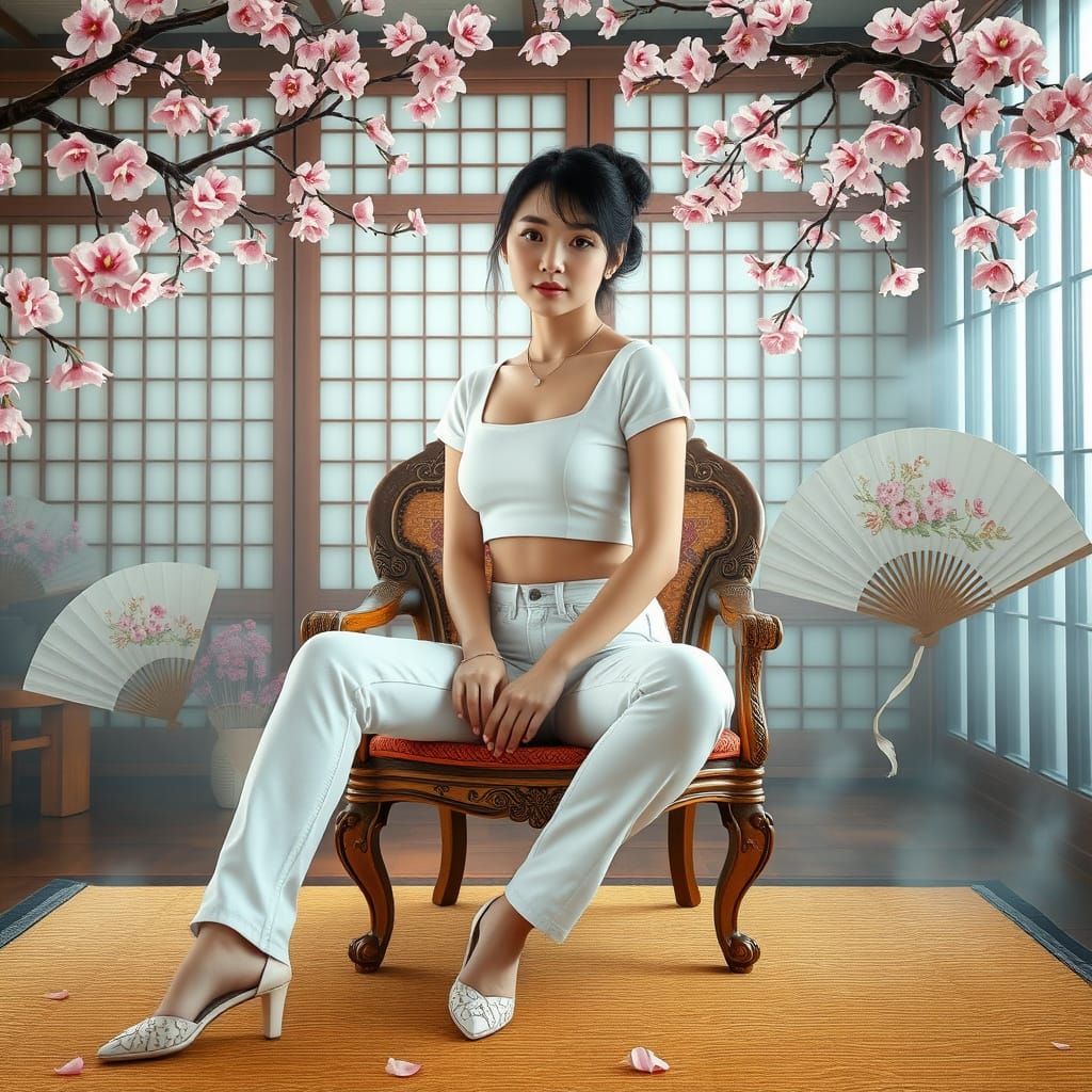 Young Woman in White Jeans Amidst Cherry Blossoms