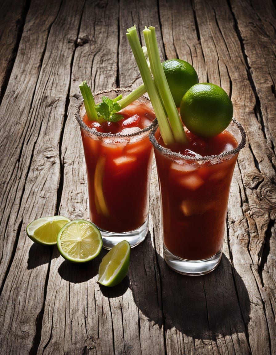Vibrant Bloody Mary Still Life in Warm Woodgrain Setting