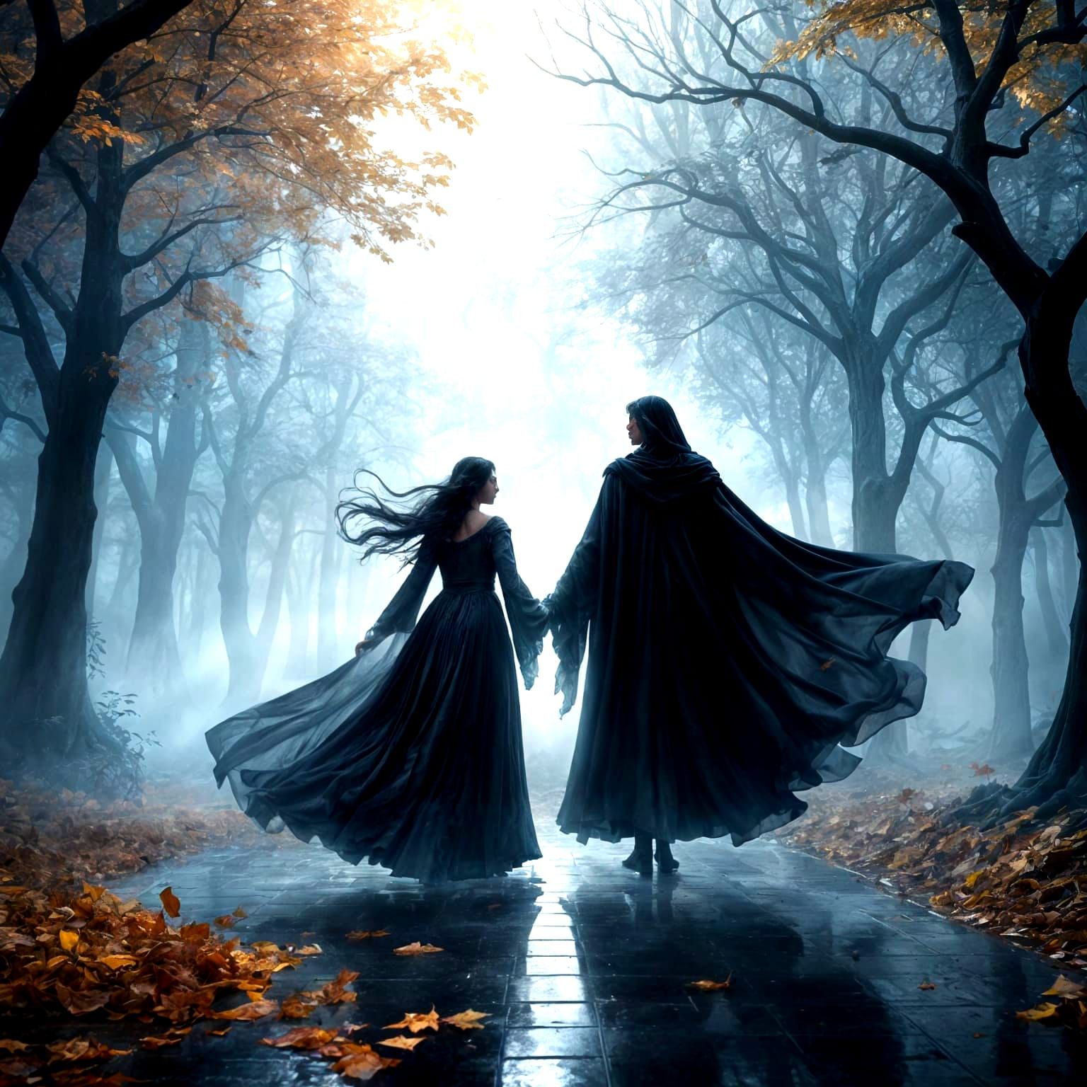 Angel Dances With Dark Figure in Surreal Gothic Mist