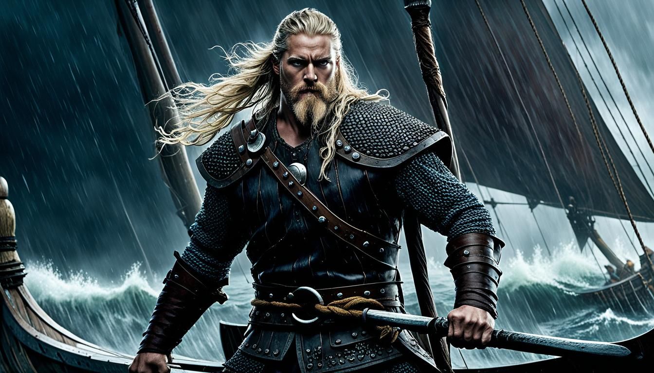 Viking Warrior Leading Longboat into Storm, Photorealistic