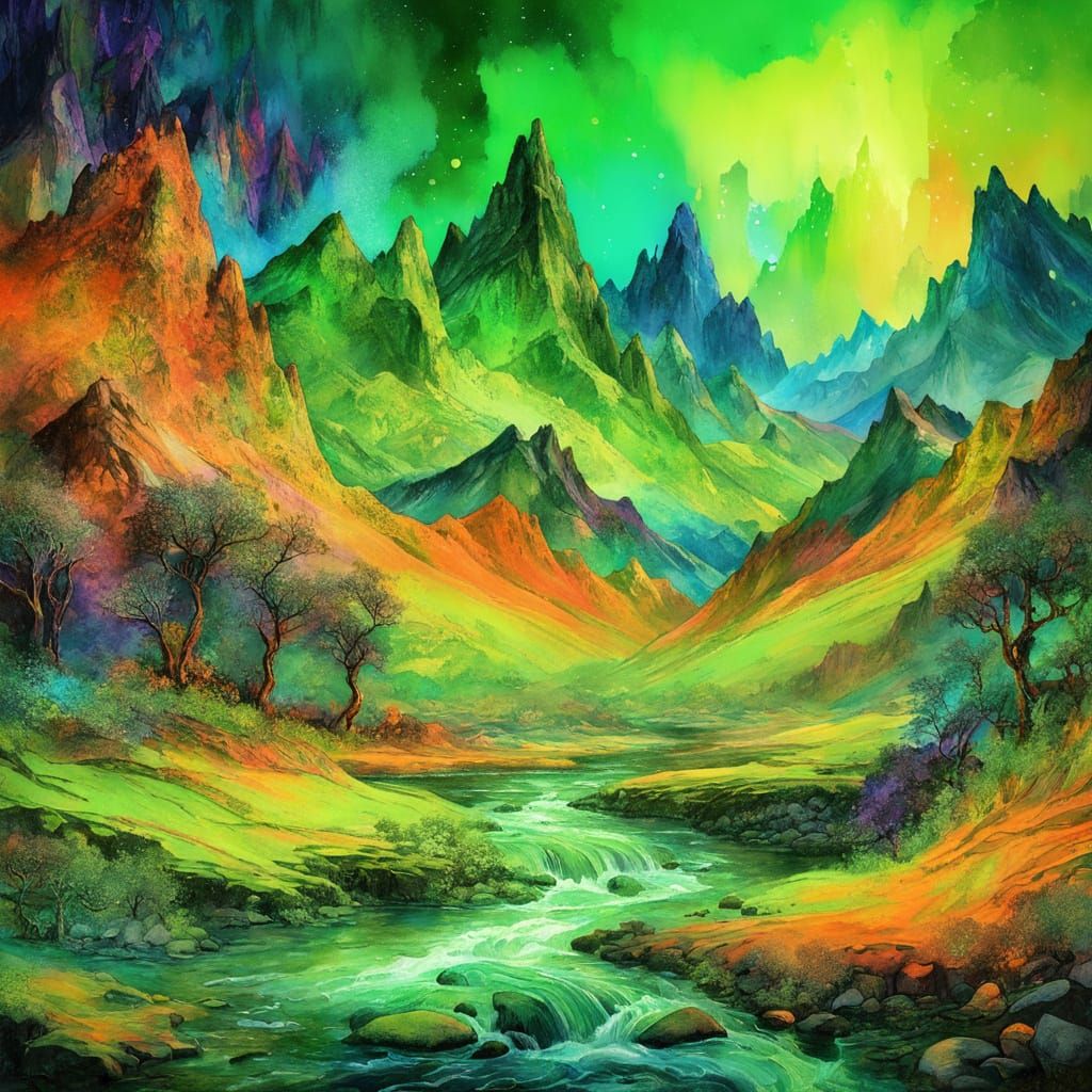 Neon Mountainscape in Watercolour Style