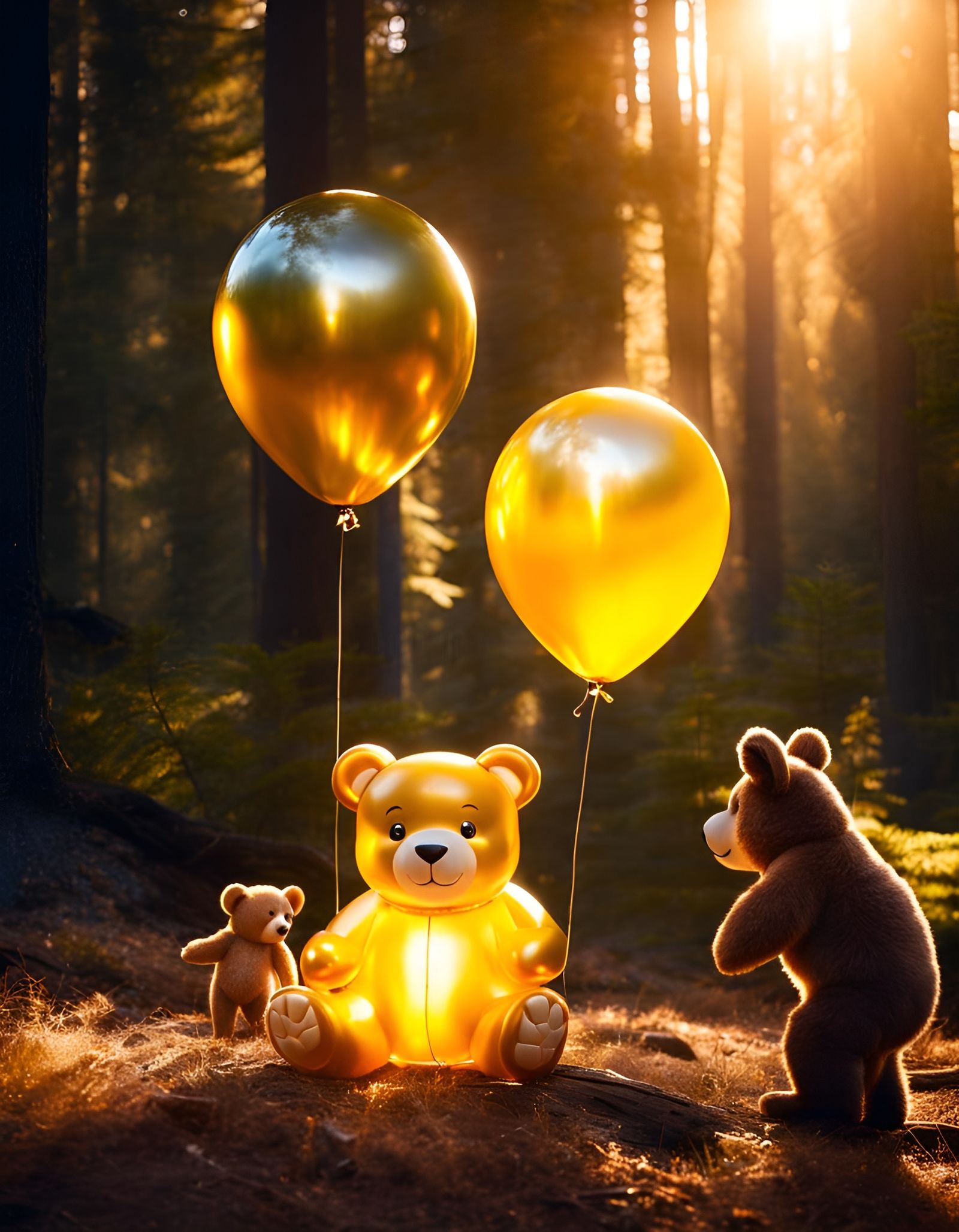 Shiny Balloon Bears Picnic in Golden Hour