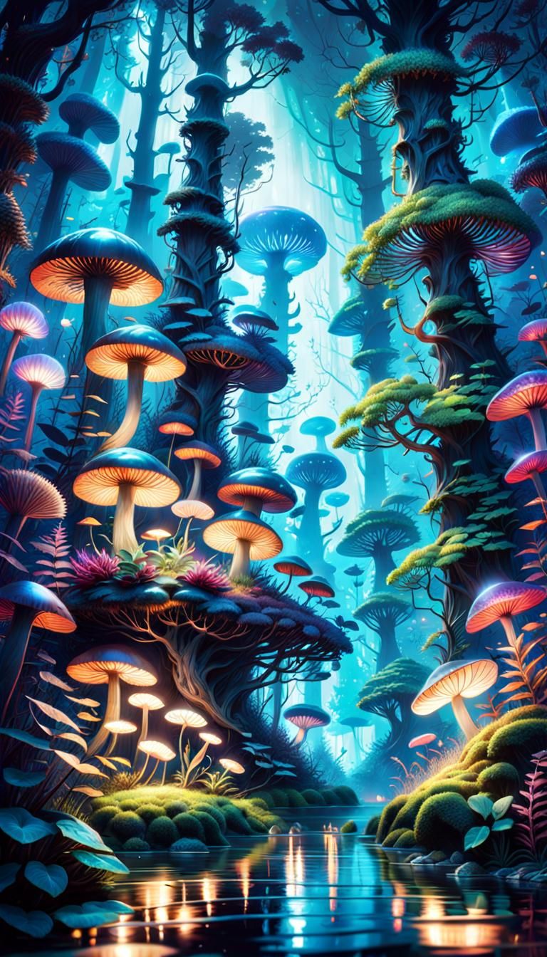 Ethereal Bioluminescent Fantasy Forest at Night