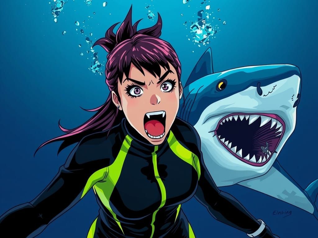 Manga-Style Woman in Shark's Mouth
