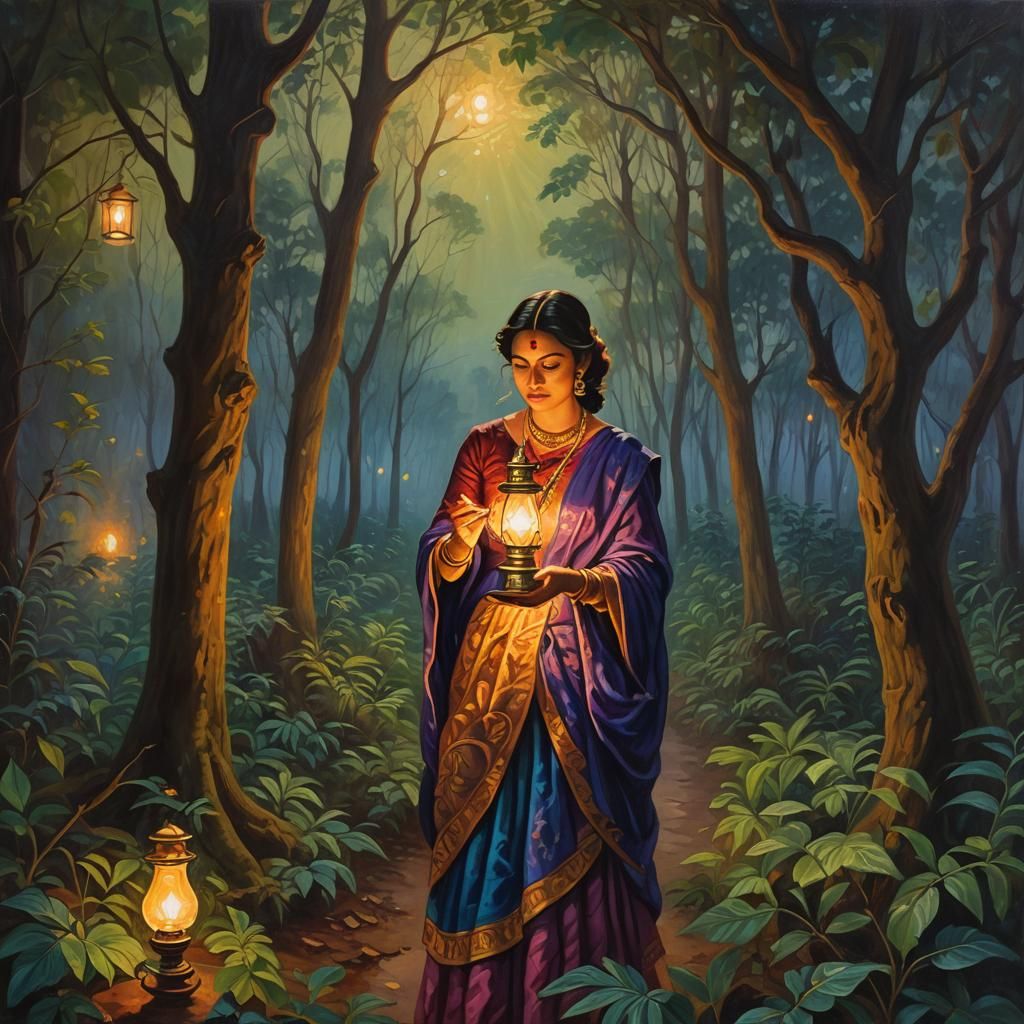 Woman Lights Lamp in Mystical Forest, Oil Painting