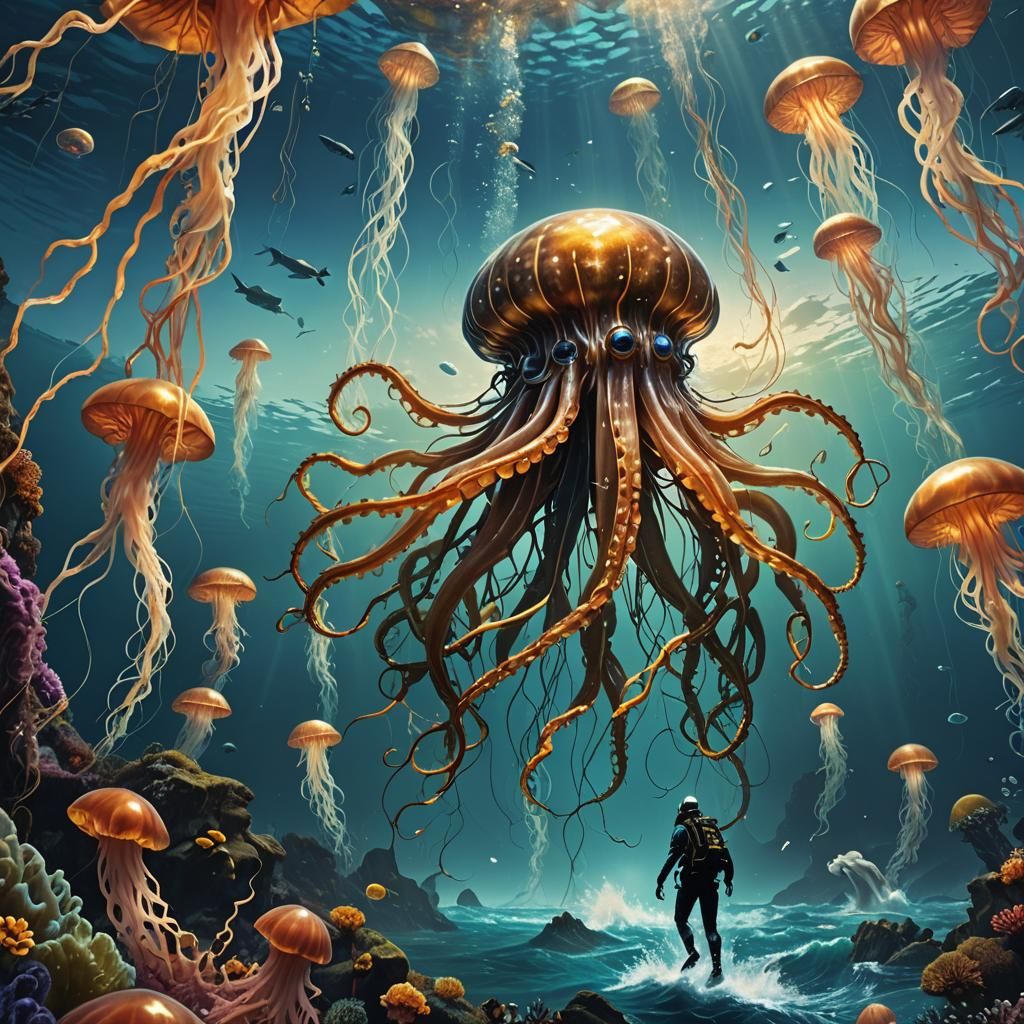 Giant Squid Encounter: Retro-Futuristic Ocean Art