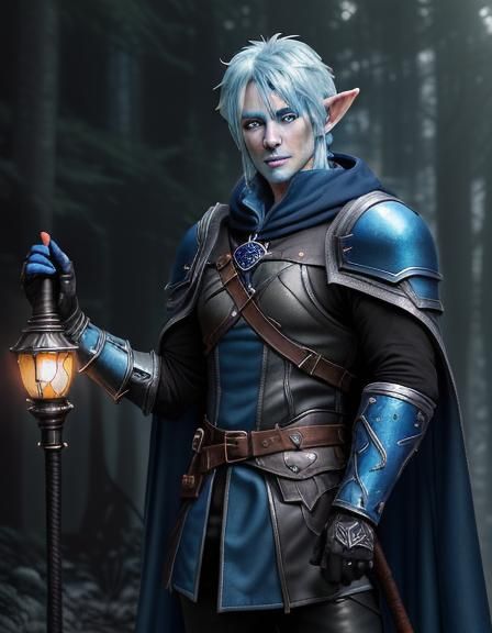 Blue Goblin Ranger in Ethereal Forest: Digital Art