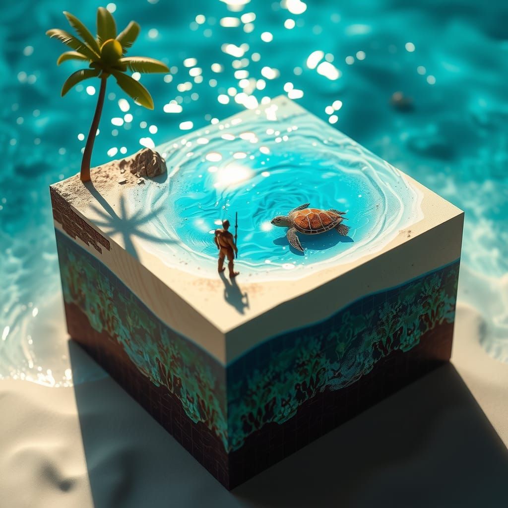 Tropical Beach Microworld Diorama with Turquoise Waters