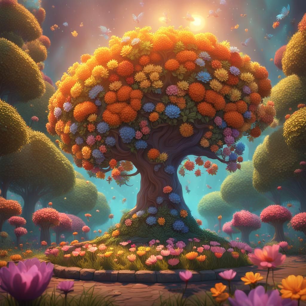 Tree of Life with Memory Flowers: 3D Digital Art