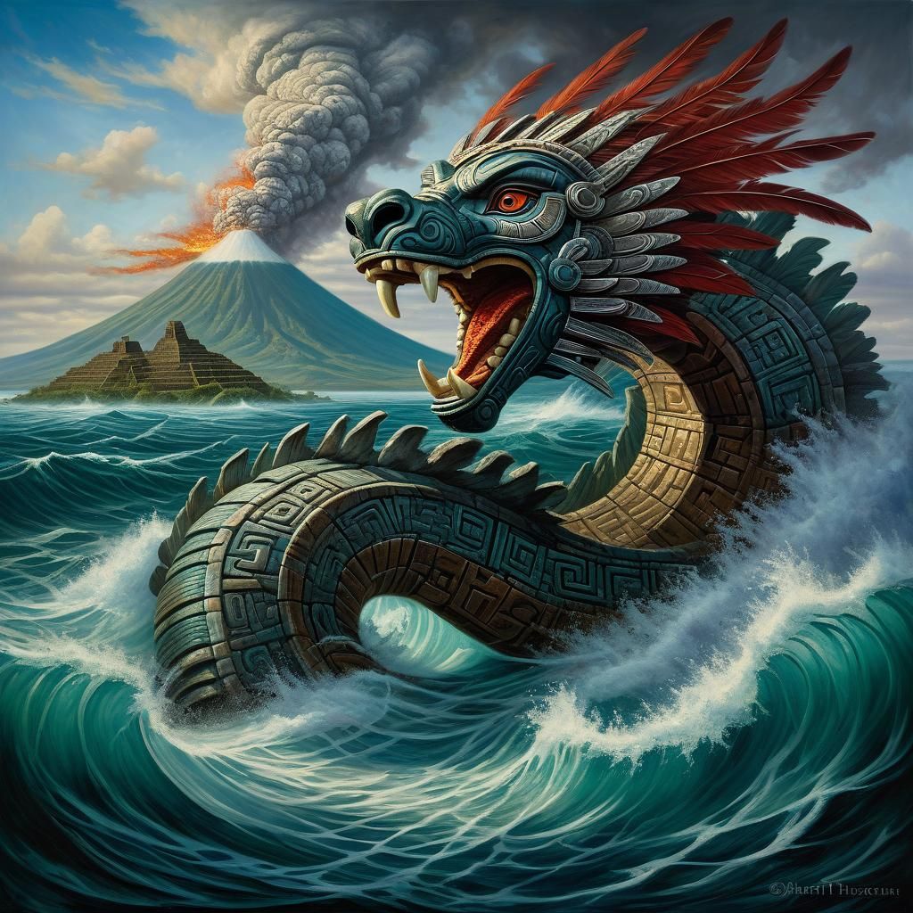 Giant Aztec Feathered Serpent in Rough Sea