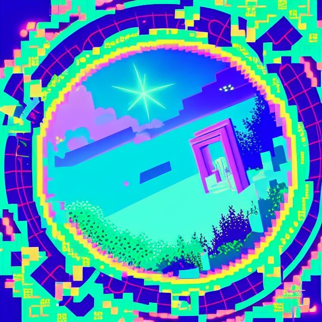 Liminal vaporwave portal to new beginnings filled with various 90's nostalgic symbols and pixel graphic icons as you des...