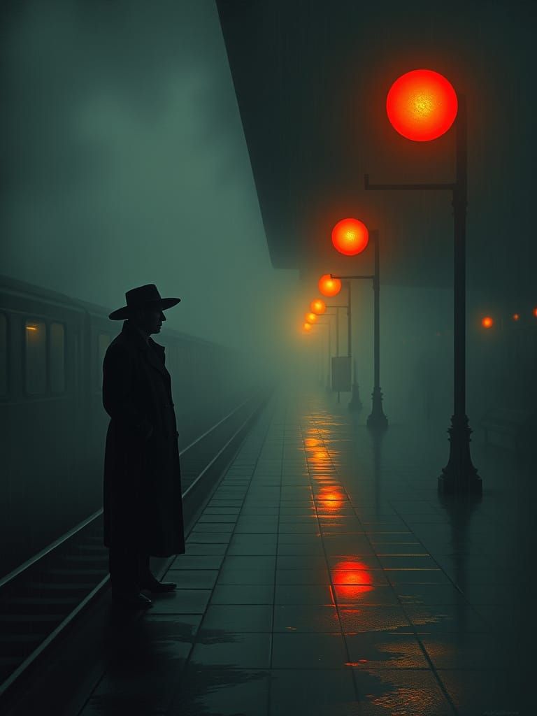A Mysterious Figure in Rainy Night Train Station