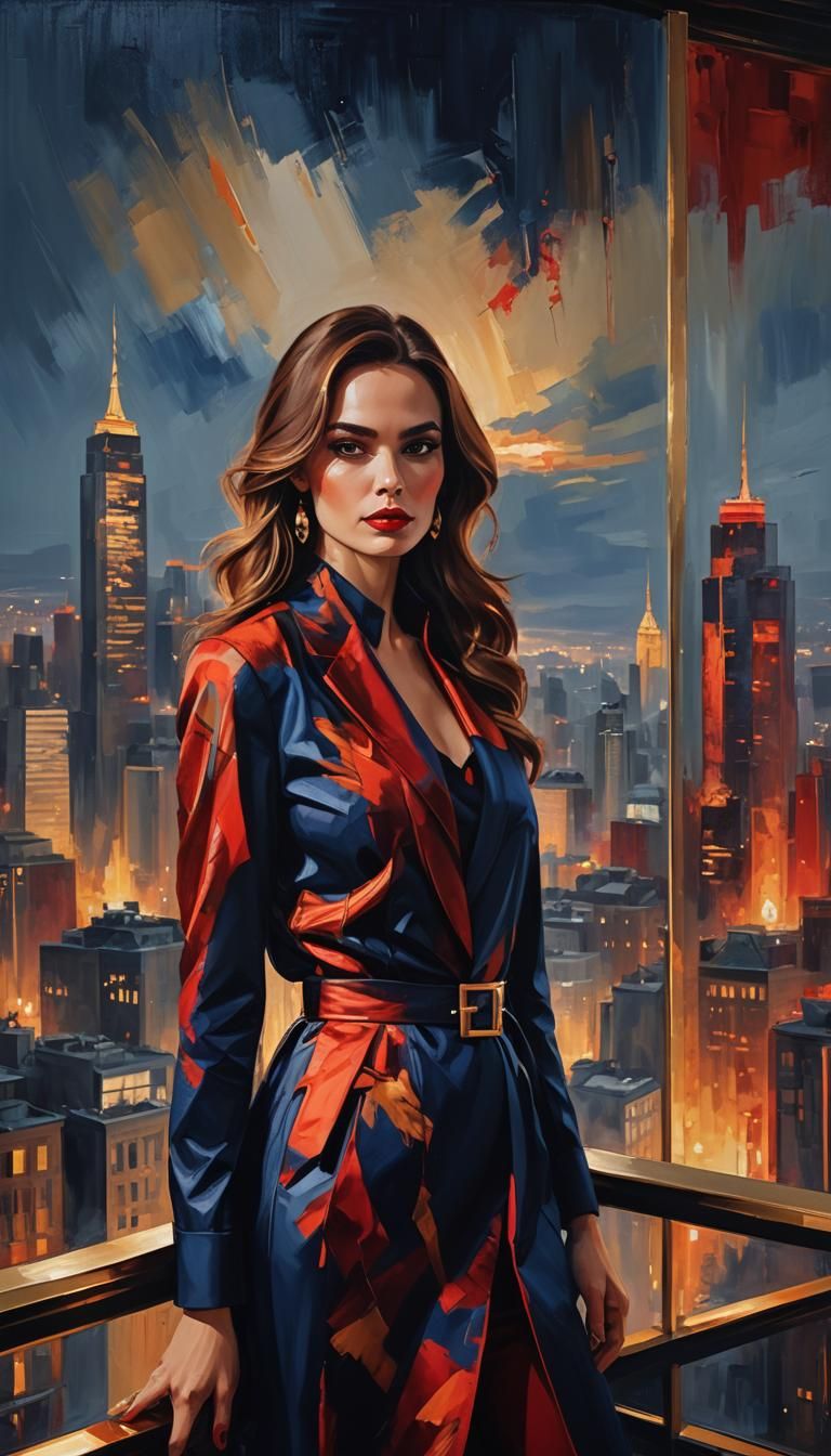 Elegant Woman in Luxurious Cityscape Oil Painting