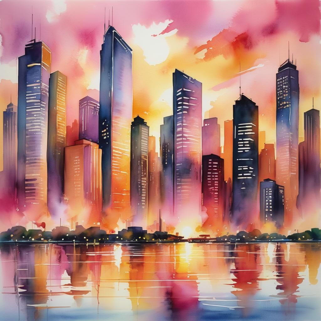Vibrant Watercolor Cityscape at Sunset