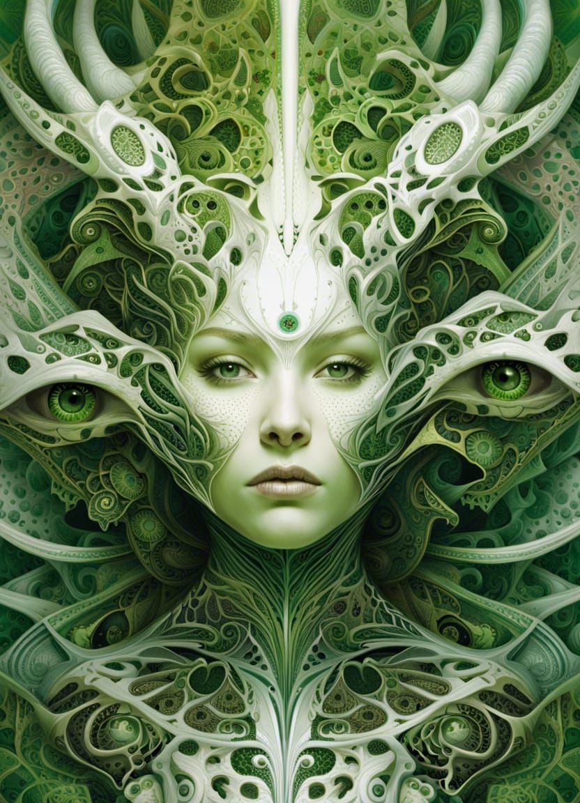 Intricate Green Fractal Alien Woman Portrait