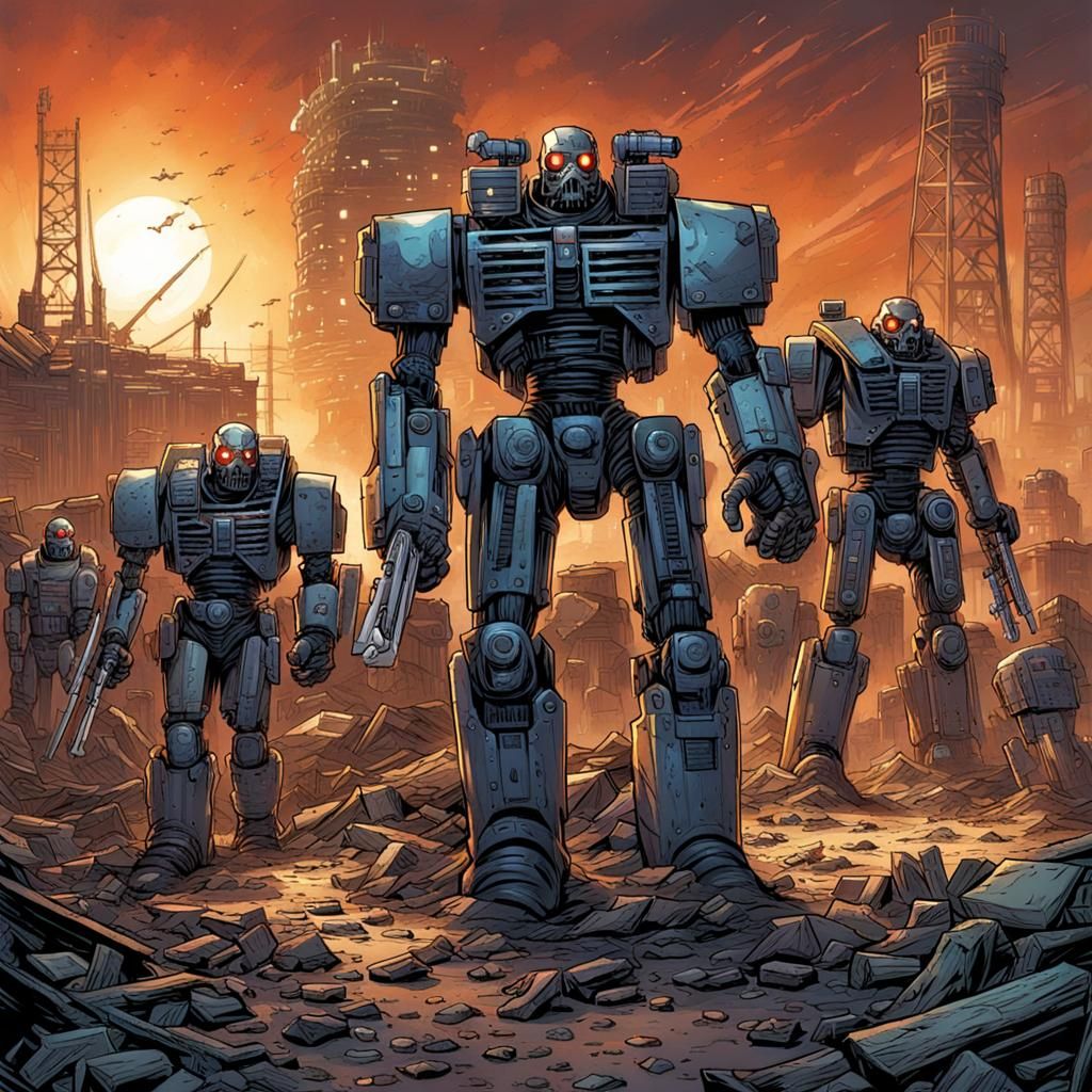 Post-Apocalyptic Robots in Comic Book Style