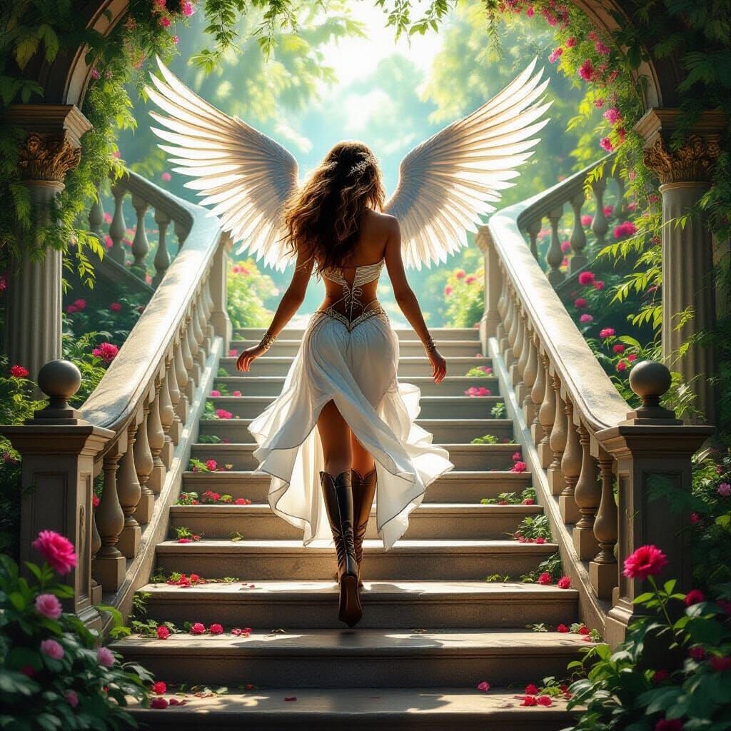Goddess Angel Descends Staircase in Enchanted Garden