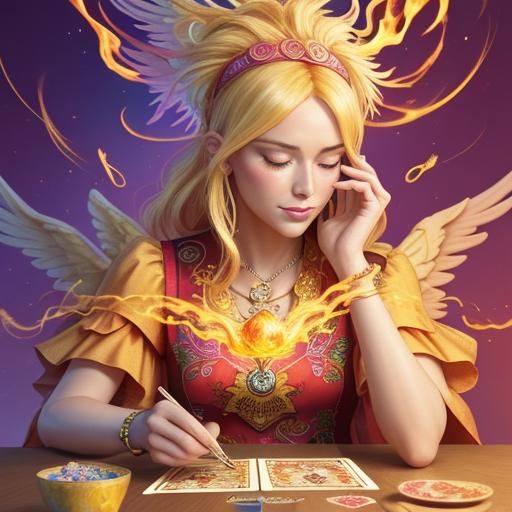 Tarot Reader with Phoenix Fire in Candy Art Style