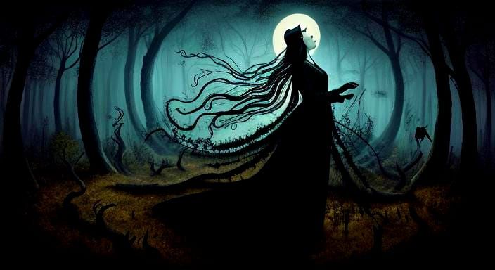 Surreal Woman Floating Near Forest Cabin