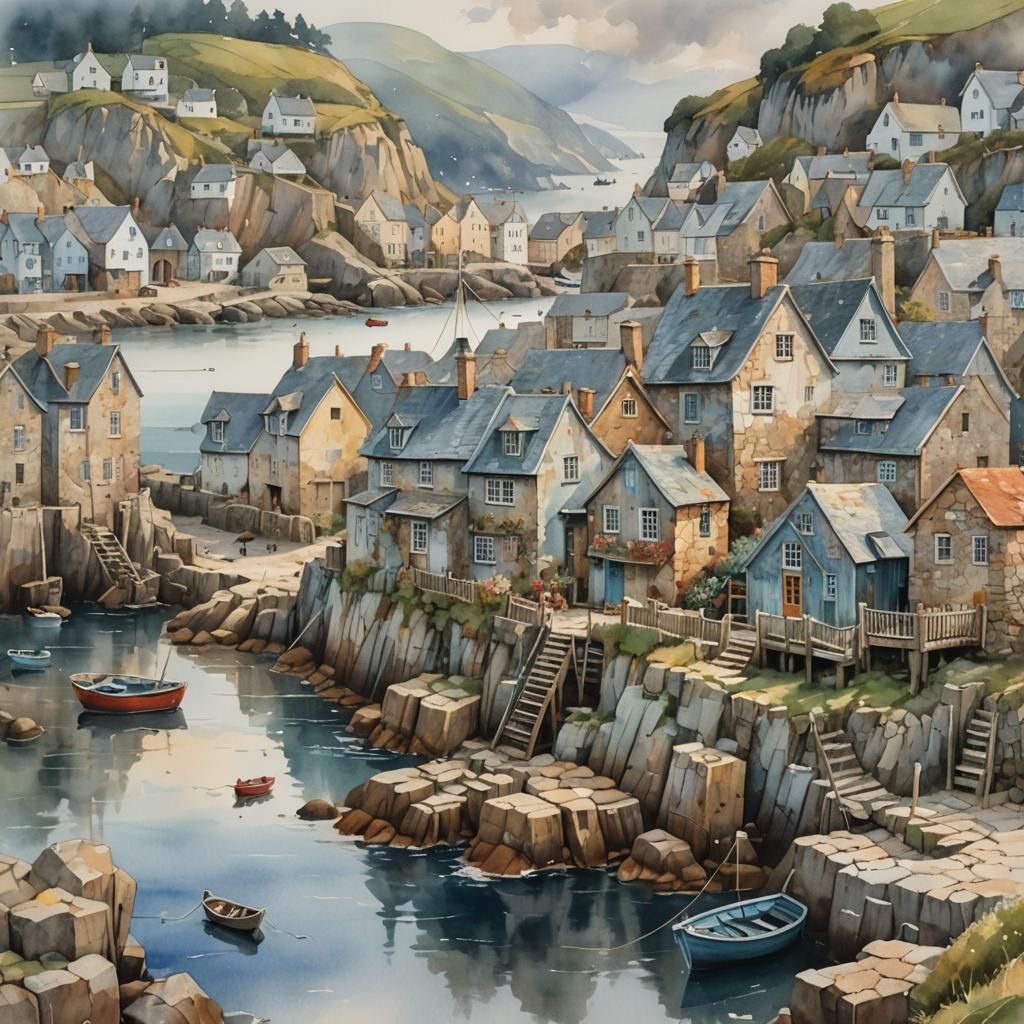 Charming Coastal Village in Watercolor Style