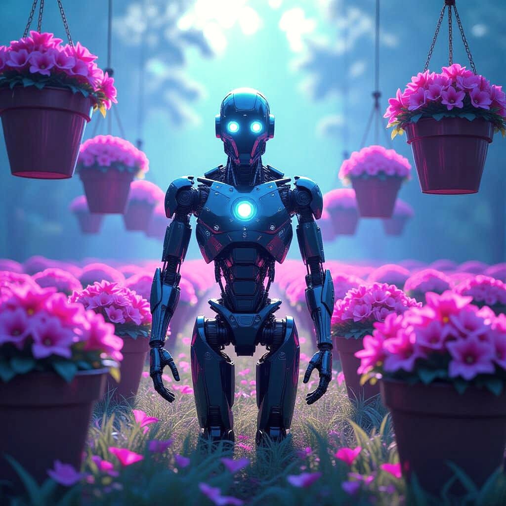 Surreal Cyborg in Gravity-Defying Flowerpot Field