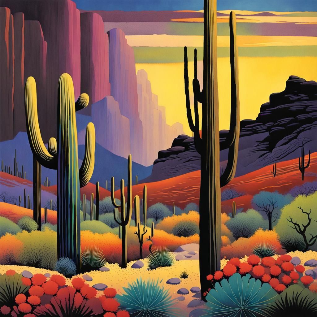 Sonoran Desert Monsoon in Eyvind Earle Style