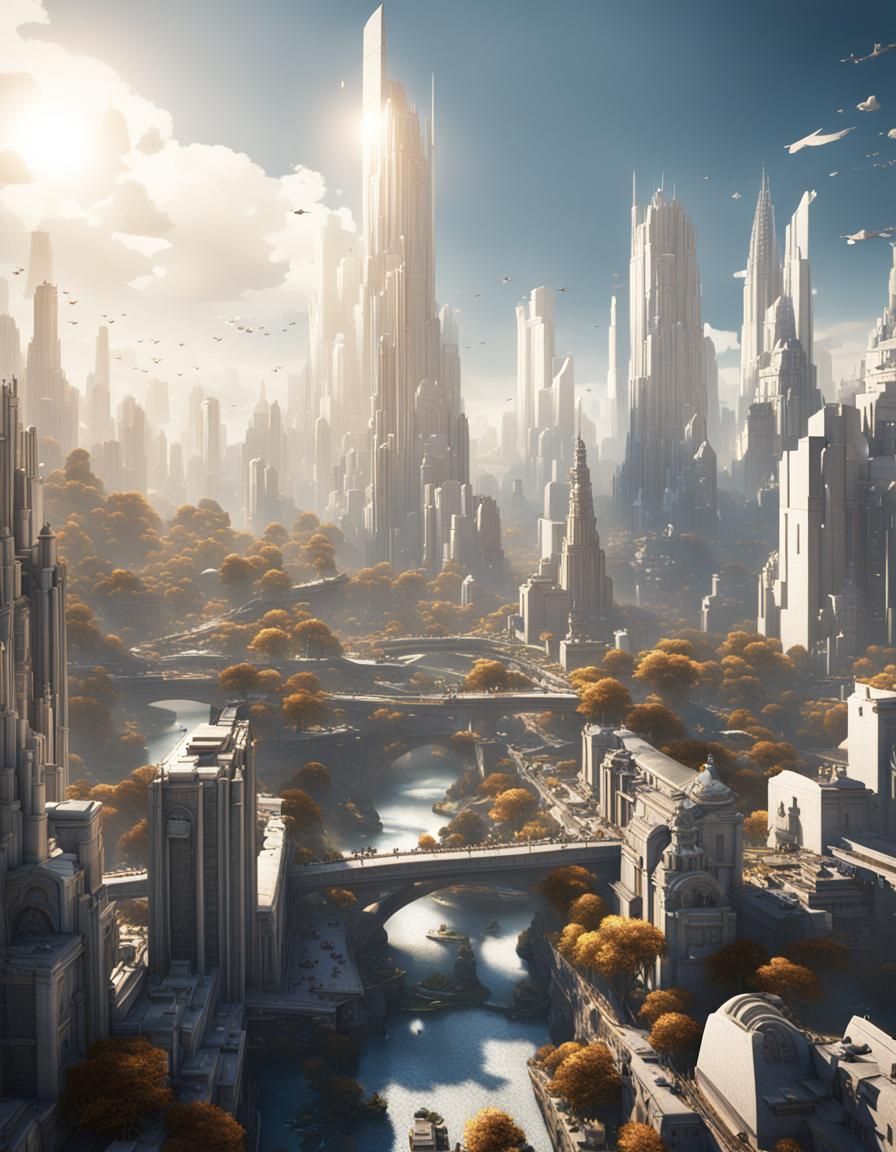 Futuristic White City in Sunlight: Matte Painting