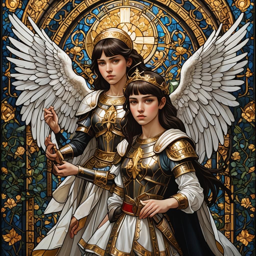 Armored Girl Taming Devil in Stained Glass Style