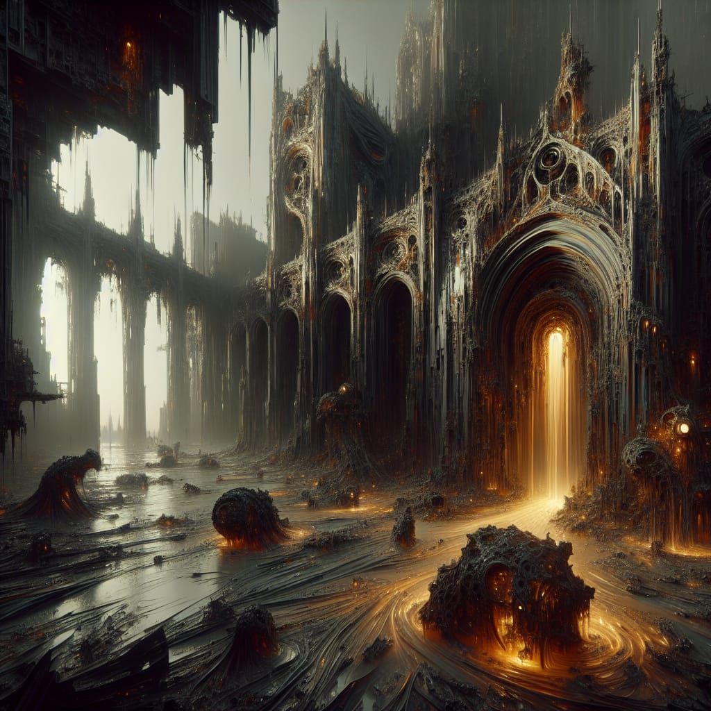 Dystopian Cathedral Ruins with Molten Light