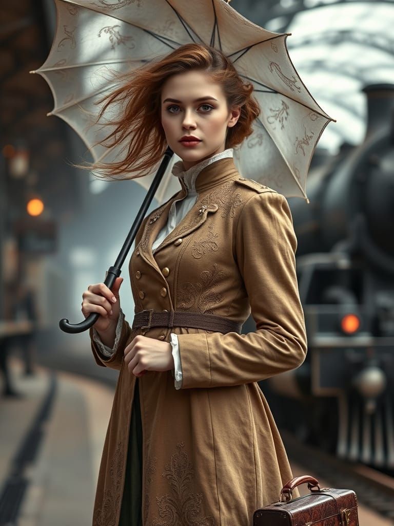 Victorian Hussar Woman with Umbrella in Steampunk Station